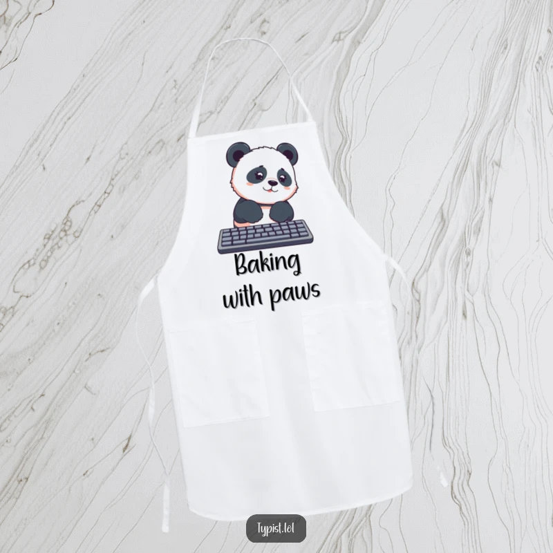Funny panda paws on a computer keyboard, looking curious and slightly confused, on a kitchen apron, perfect funny gift.
