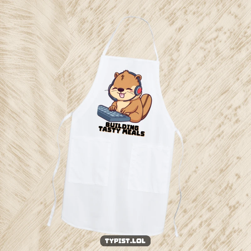 Funny apron featuring a busy beaver wearing a headset and typing, perfect for kitchen use with a humorous and productive design.