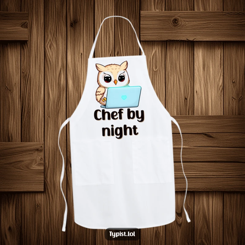 Funny owl intently focused on a glowing laptop screen, humorous kitchen apron, cooking accessory for scholars.