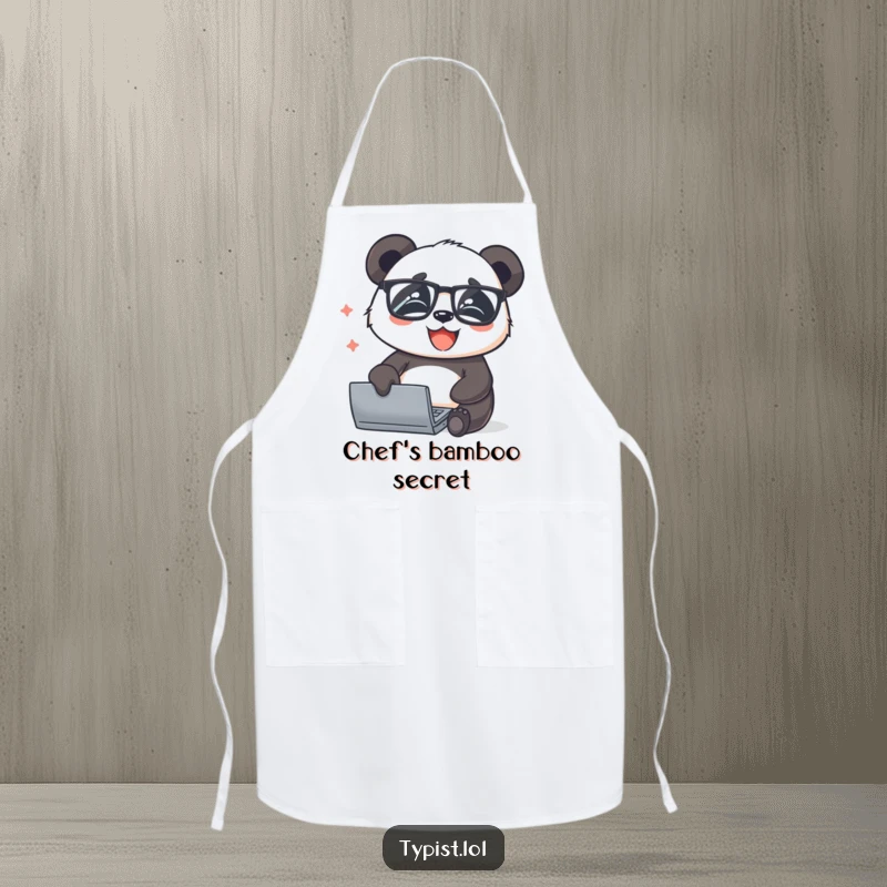Funny panda wearing glasses typing with joy, depicted on an apron for culinary creativity with a smart and humorous touch.
