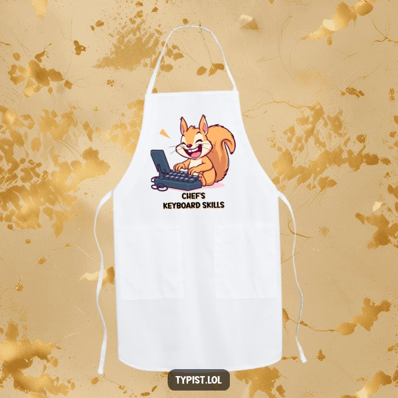 Funny squirrel in a typing frenzy, wearing an apron, ready to cook up a storm with humorous intensity, great for chefs.