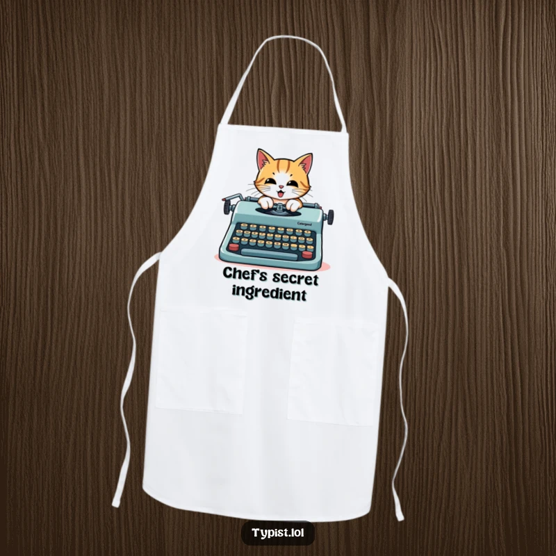 Funny cat apron, a determined cat typing on a giant typewriter with oversized keys, ready for creative tasks.
