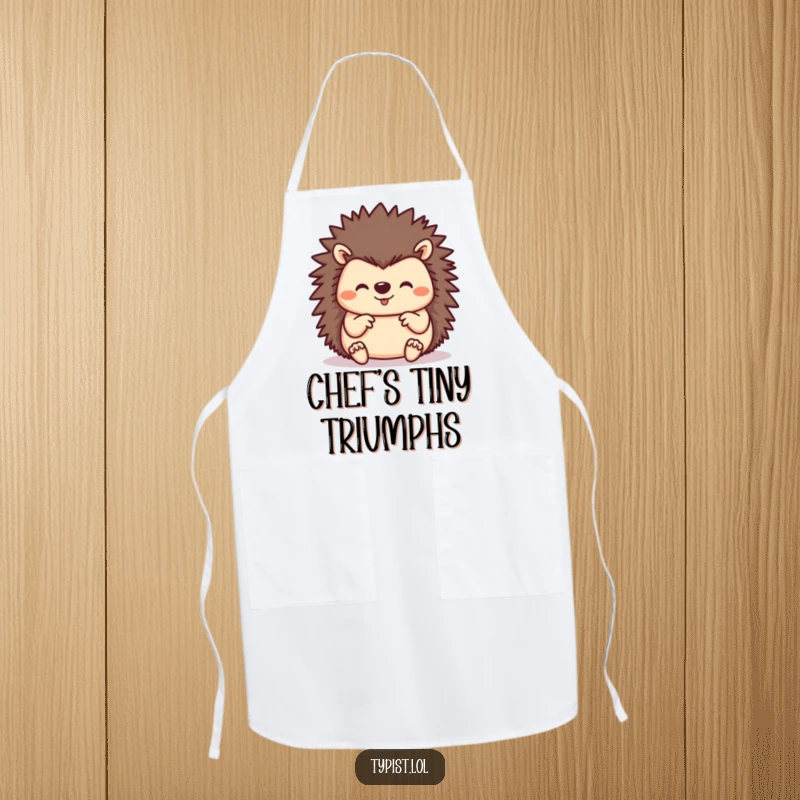 Funny hedgehog using all its paws to type, depicted on an apron for culinary creativity with a busy and humorous touch.