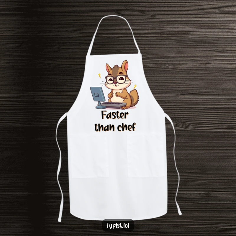 Funny squirrel with spectacles typing furiously, featured on a kitchen apron, ready for culinary tasks.