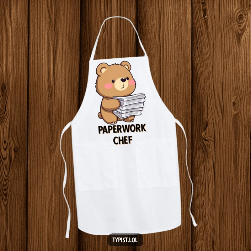 Funny apron featuring a bear holding a large stack of papers, representing determination in the kitchen and humorous multitasking.
