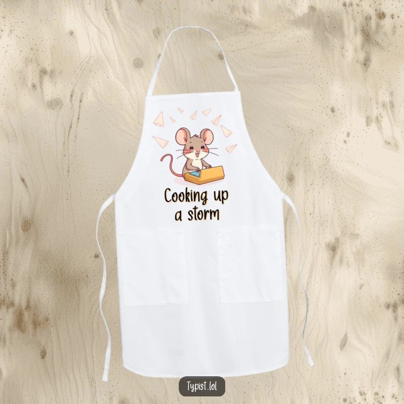 Funny brave mouse typing through paper airplanes, humorous kitchen apron, cooking with courage, cute chef wear.