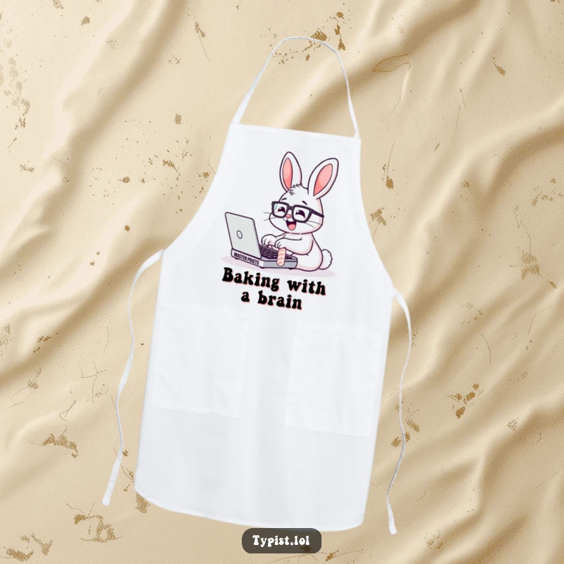 Funny Bunny Glasses Laptop Apron: A studious bunny types on a laptop, perfect for kitchen fun. Humorous cooking accessory.