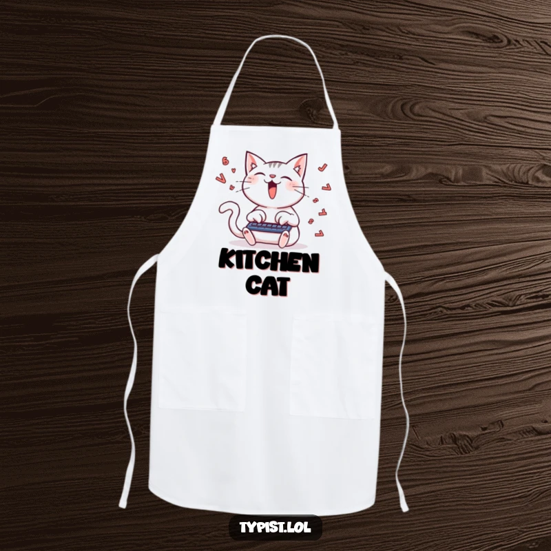 Funny apron displaying a delighted cat typing furiously, letters flying, ideal for cooks who appreciate humor and focus.