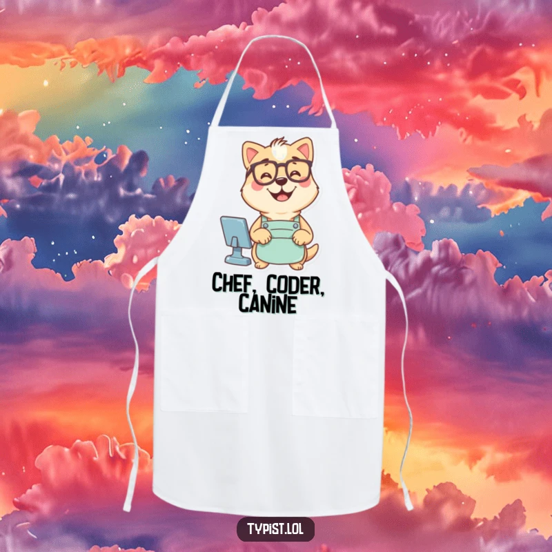 Funny apron showing a dog wearing glasses and an apron, typing computer commands, a humorous kitchen accessory for coders.
