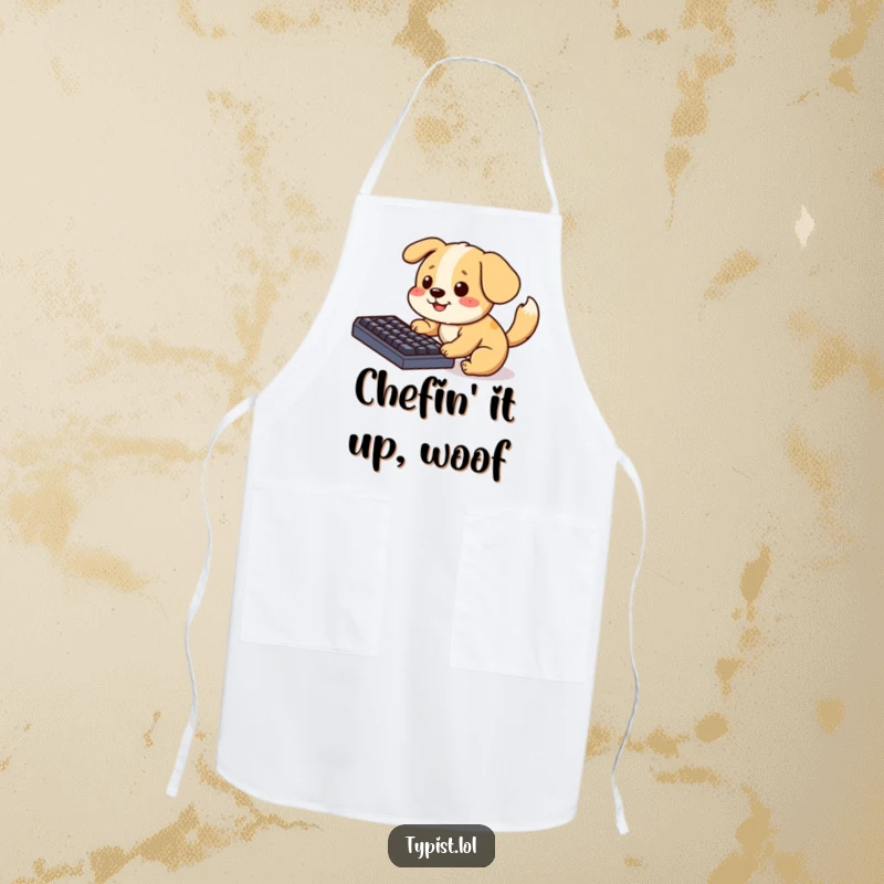 Funny Apron with a playful dog pecking at a keyboard, tail wagging, making cooking and baking a humorous and delightful experience.