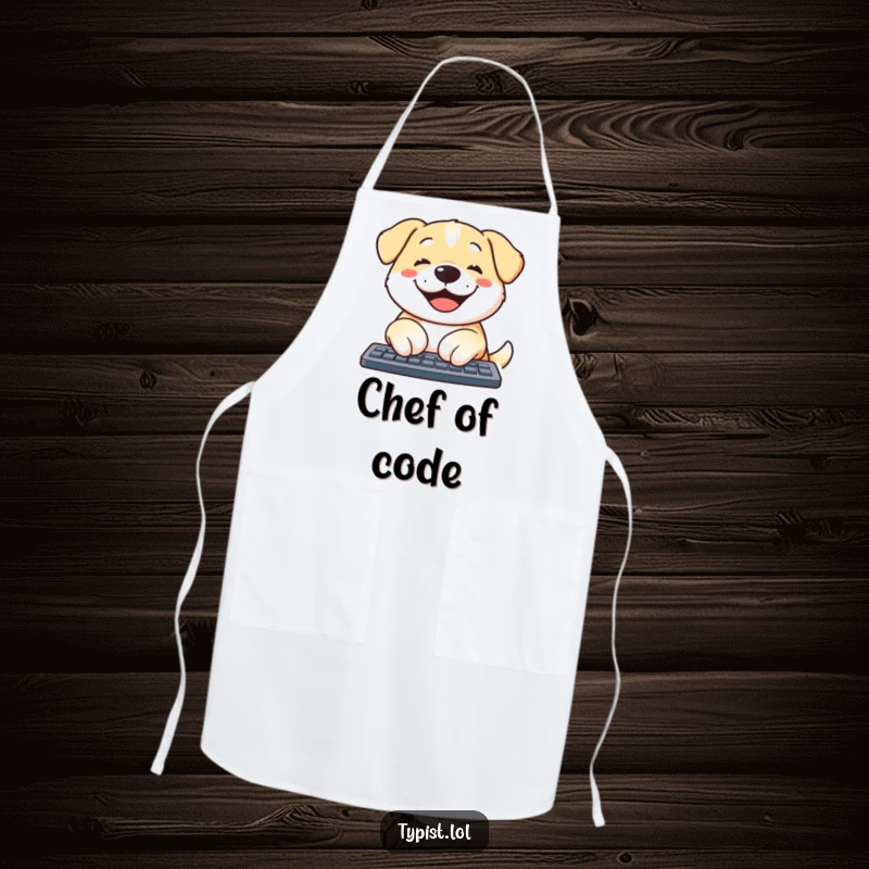 Funny dog apron showing a smiling dog typing on a laptop, ready to cook or bake with humorous flair.