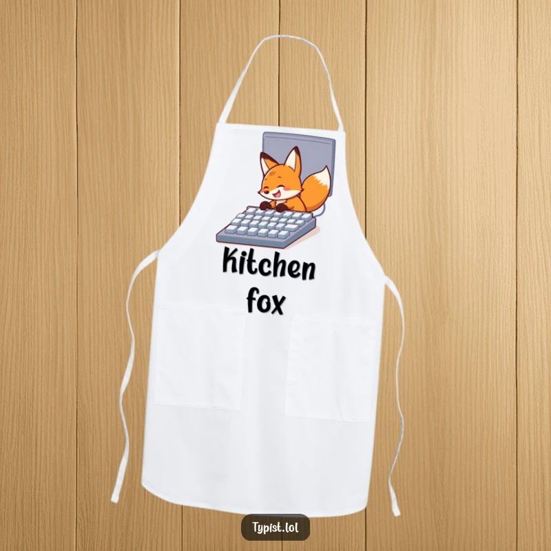 Funny apron displaying a happy fox grinning while pecking at a large computer keyboard, ideal for tech-loving cooks.