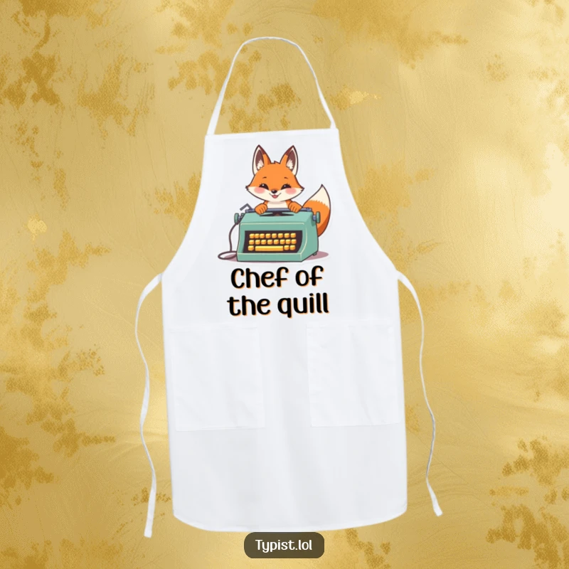 Funny Fox Speed Typist Apron: A proud fox types quickly on a vintage typewriter, a humorous and practical kitchen accessory, funny gift.