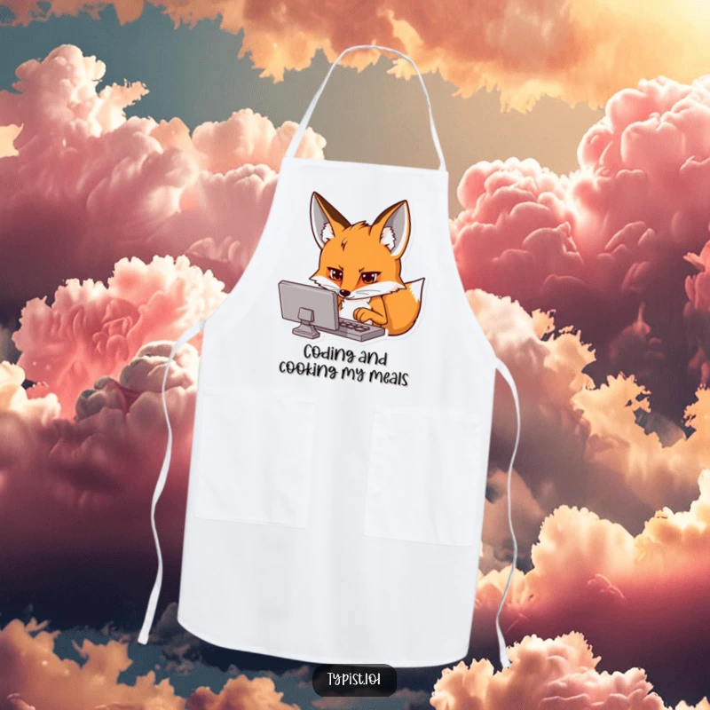 Funny apron with a curious fox intensely focused on a screen, typing hands busy, great for kitchen fun.