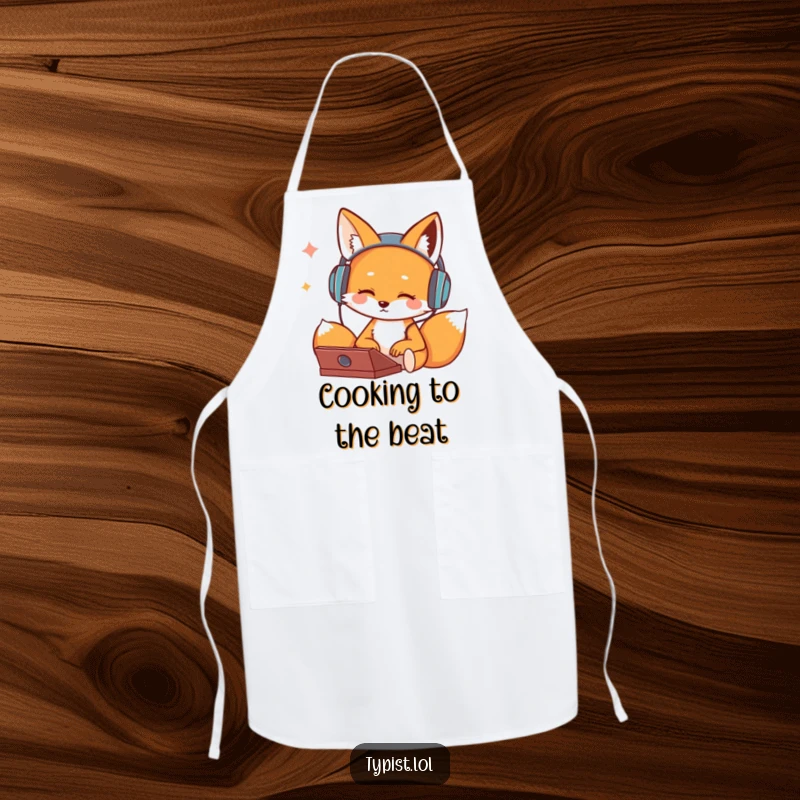 Funny apron with a cute fox wearing headphones and bopping its head while typing, perfect for kitchen tasks with humor.