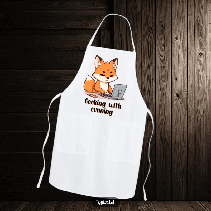 Funny apron showing a happy fox typing with intense concentration, brow furrowed, ready for kitchen tasks with smarts.