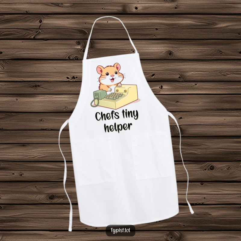 Funny Hamster Typewriter Apron: A hamster operates a vintage typewriter, perfect for kitchen fun. Humorous cooking accessory.