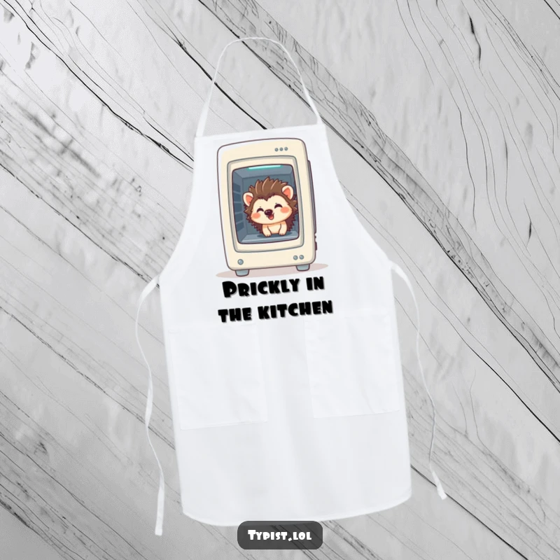 Funny Hedgehog Apron: A giggling hedgehog peeks from a computer tower, a humorous and practical kitchen accessory, funny gift.
