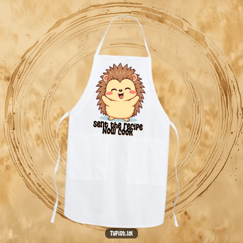 Funny apron with a happy hedgehog showing triumph after hitting send, great for kitchen activities.