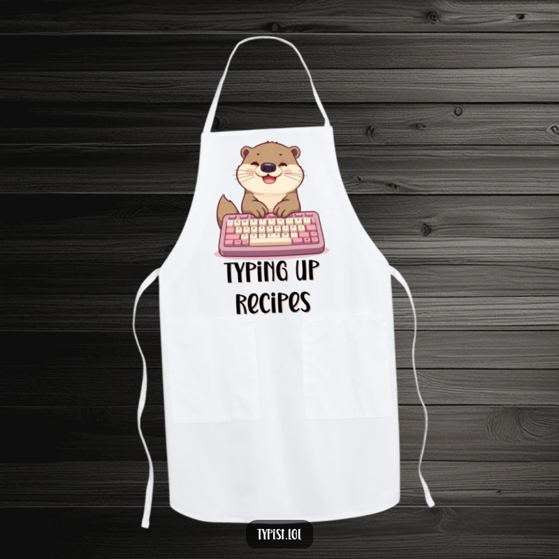 Funny apron featuring a happy otter typing on a giant keyboard, perfect for kitchen use with a humorous and productive design.