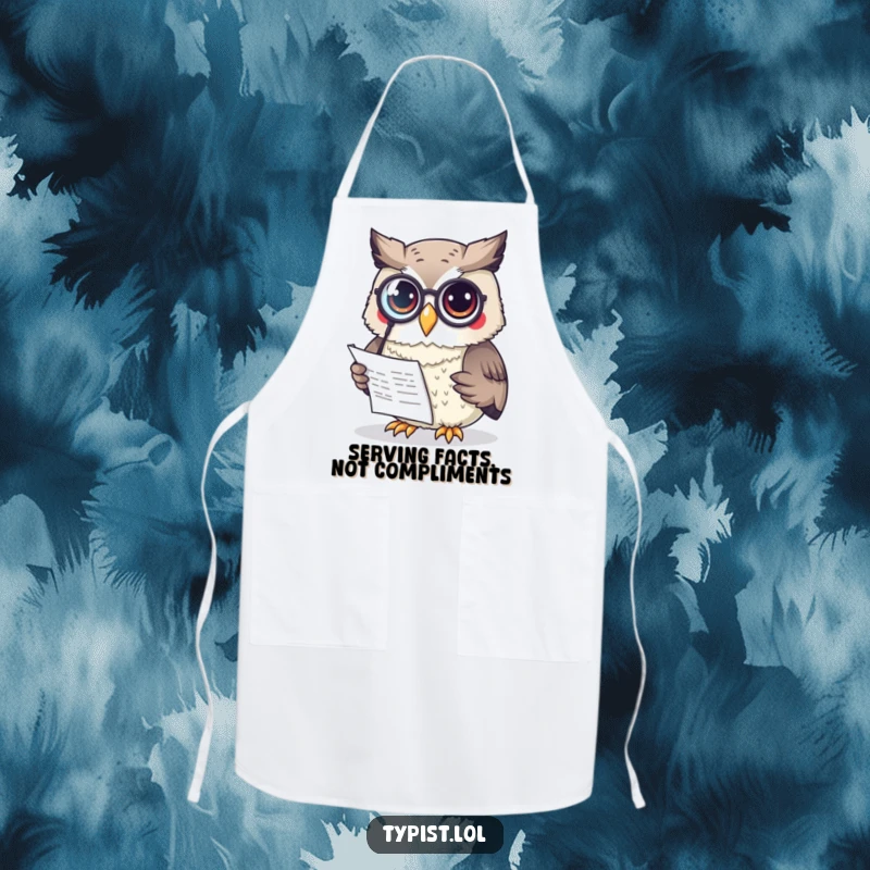 Funny Owl Apron: A curious owl wearing a monocle reads a document, perfect for cooking with scholarly wit and humor.