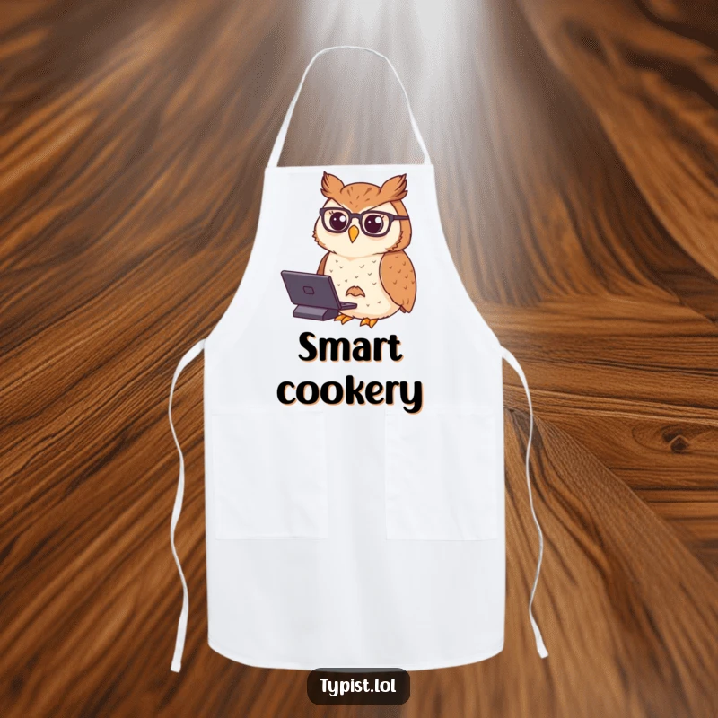 Funny apron showing a proud owl wearing spectacles, typing with dignified concentration, ready for kitchen tasks with wisdom.