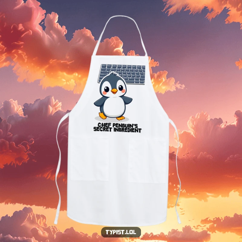 Funny penguin apron depicting a cheerful penguin waddling with great anticipation towards a computer keyboard to type.
