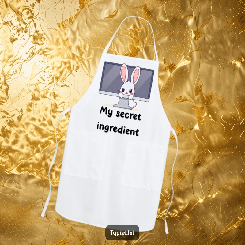 Funny rabbit apron showing a curious bunny peeking from behind a massive computer monitor, ready to observe.