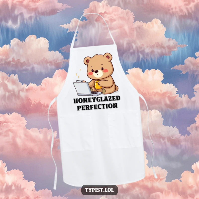 Funny bear apron depicting a determined bear typing with one paw and holding a honey jar, ideal for kitchen tasks.