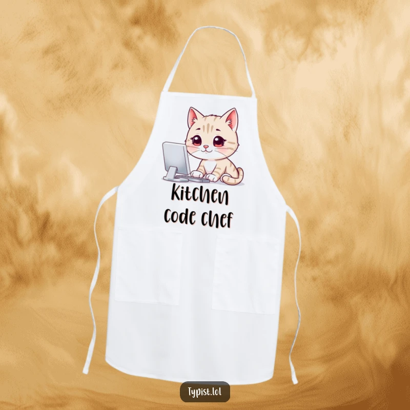 Funny apron depicting a smiling cat staring intently at a computer screen, perfect for adding humor and a tech-focused vibe to kitchen tasks.