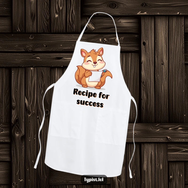 Funny apron with a happy squirrel holding a pen and paper and winking, perfect for kitchen tasks with humor.