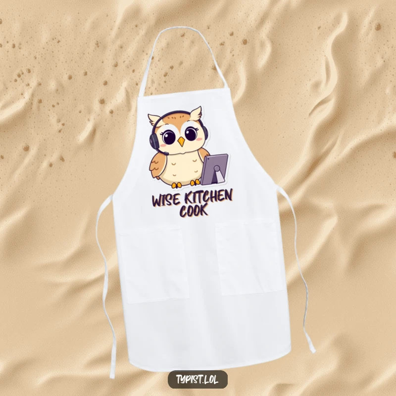Funny Owl Apron: A happy owl with a headset types with focus, a humorous and practical kitchen accessory, funny gift.