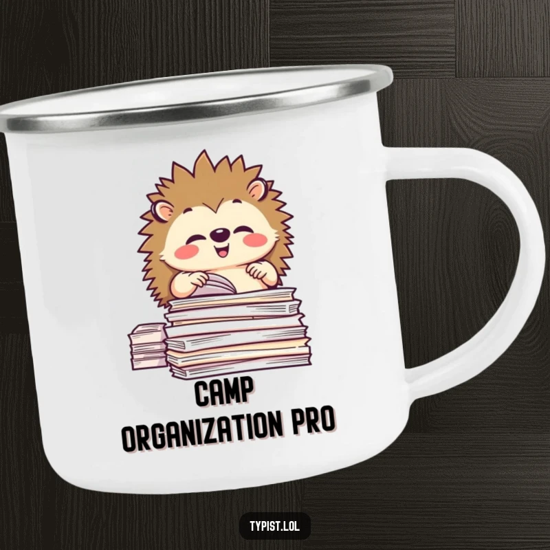 Funny enamel camping mug with a happy hedgehog meticulously organizing paper, ideal for outdoor tidiness humor.