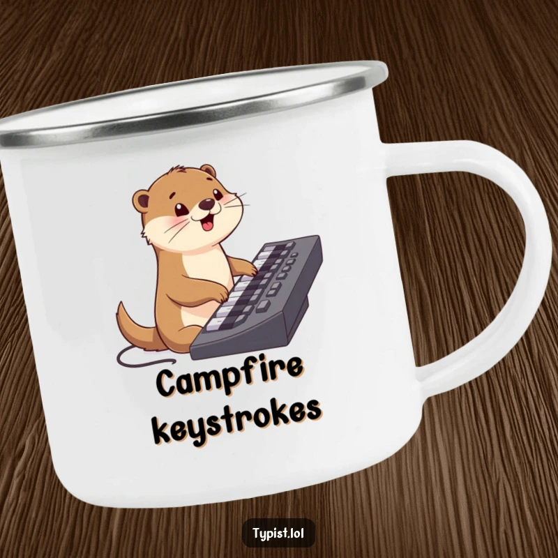 Funny camping mug with a cheerful otter character typing on a keyboard, ideal for outdoor work sessions and fun.