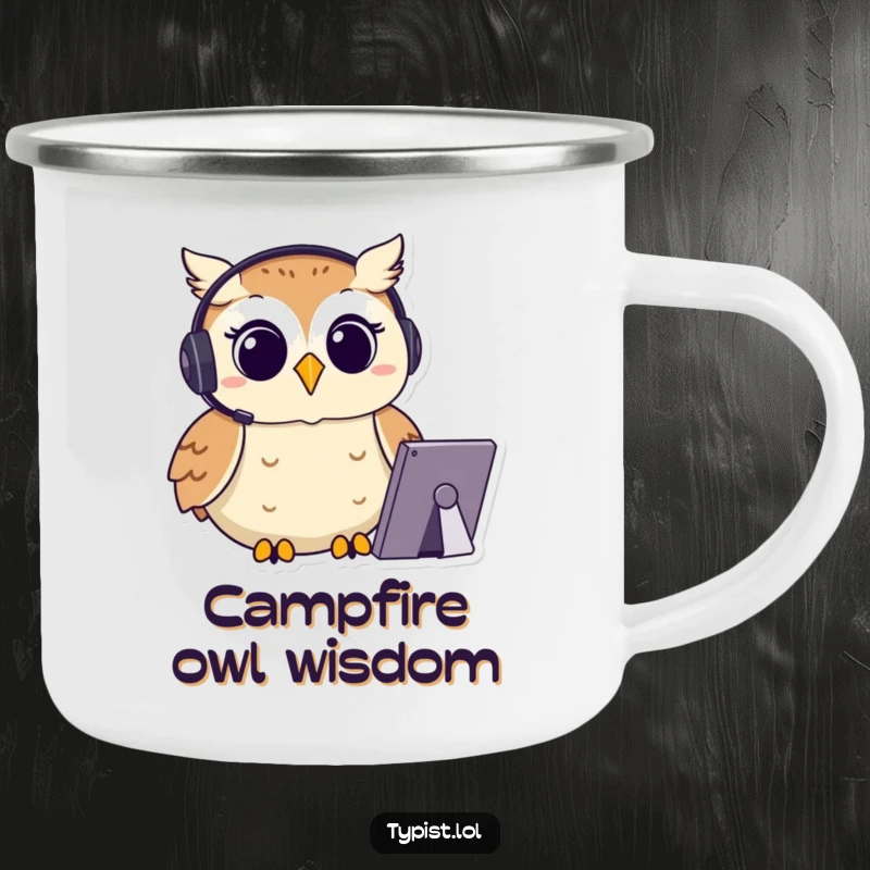 Funny Owl Camping Mug: A happy owl with a headset types with focus, rugged and humorous, great funny gift.