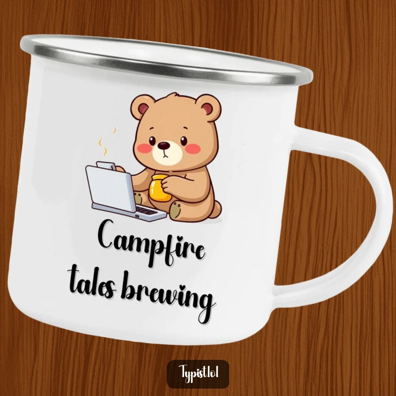 Funny bear camping mug showing a determined bear typing with one paw, holding a honey jar, perfect for outdoor enthusiasts.