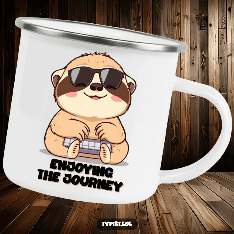 Funny sloth camping mug featuring a content sloth typing slowly, perfect for enjoying drinks outdoors with a humorous touch.
