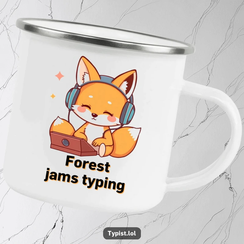 Funny camping mug with a cute fox wearing headphones and bopping its head while typing, ideal for outdoor music sessions.