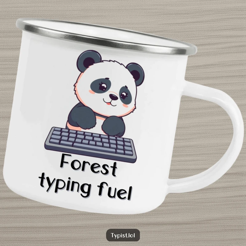Funny panda paws on a keyboard, looking curious, on a durable enamel camping mug, ideal for funny gifts.