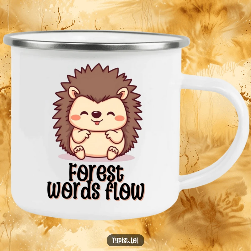 Funny hedgehog using all its paws to type, featured on a sturdy camping mug for busy adventurers and hedgehog lovers.