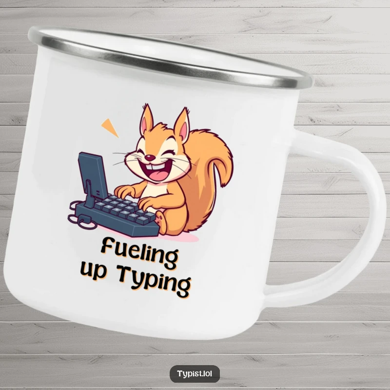 Funny squirrel typing with a huge smile on a massive keyboard, depicted on a sturdy camping mug for outdoor enthusiasts.