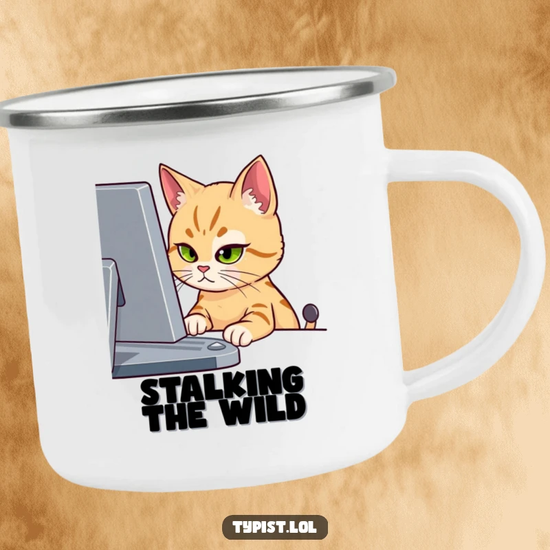 Funny camping mug featuring a cat intensely focused on a computer screen with one eye, ideal for outdoor contemplation.