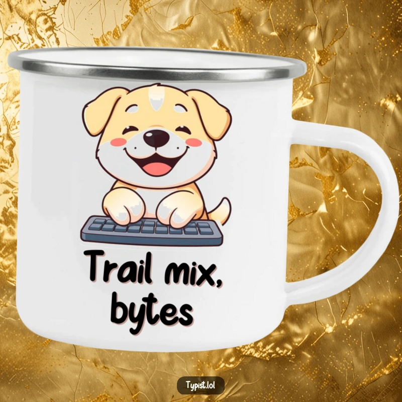 Funny dog camping mug showing a happy dog typing on a laptop by a campfire, perfect for outdoor humor.