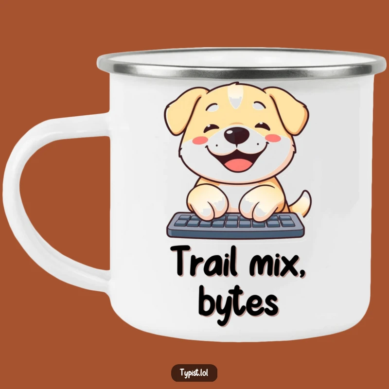 Funny Dog Typing Camping Mug: Adventure Canine Coder Cup, Great Gift