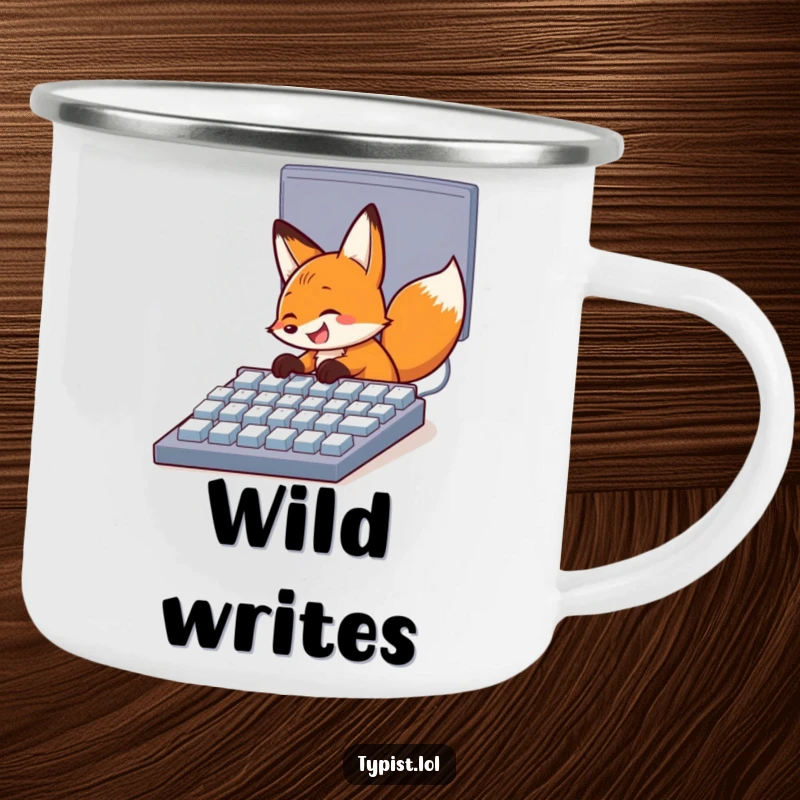 Funny camping mug featuring a happy fox pecking at a large computer keyboard, ideal for enjoying drinks in nature.