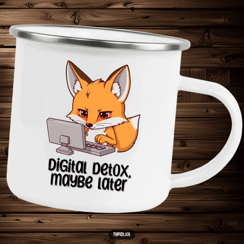 Funny camping mug with a curious fox intensely focused on a screen, typing hands busy, for tech lovers.