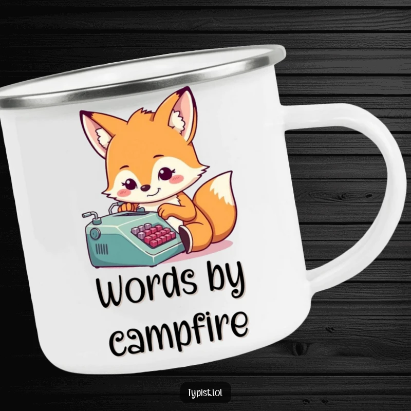 Funny fox typing on a tiny typewriter, enamel camping mug, durable and humorous, perfect for writers on the go.