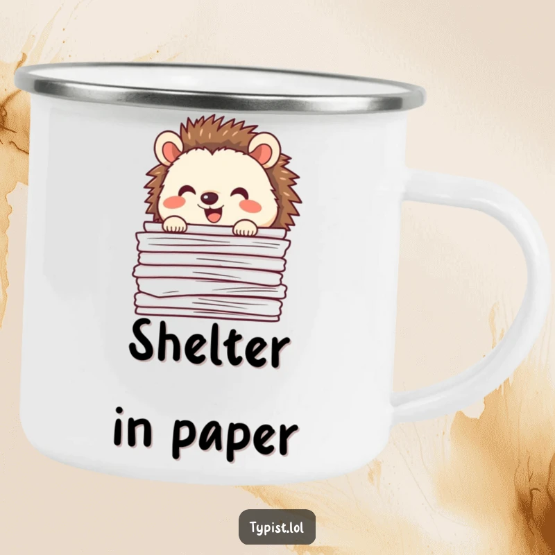 Funny happy hedgehog peeking from behind papers, enamel camping mug, humorous and durable, perfect for outdoor adventures.