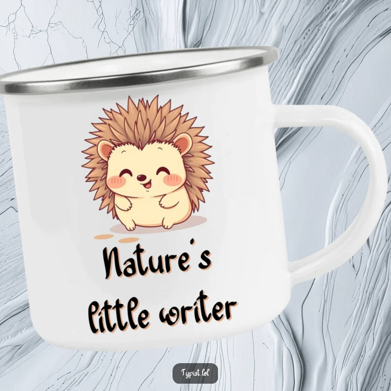 Funny hedgehog camping mug showing a happy hedgehog typing with its quills, leaving ink marks, perfect for outdoor art.