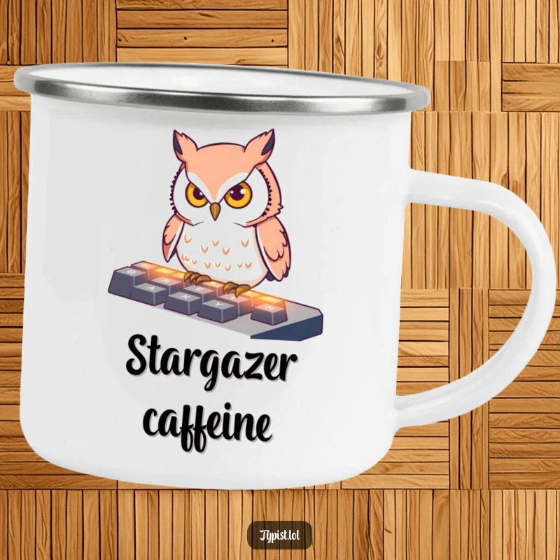 Funny Camping Mug with a determined owl pecking at illuminated keyboard keys, perfect for outdoor enthusiasts who appreciate focused humor.